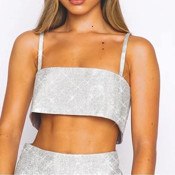 NWT 12th TRIBE Shira Silver rhinestone Crop Top size S/M - Picture 3 of 14